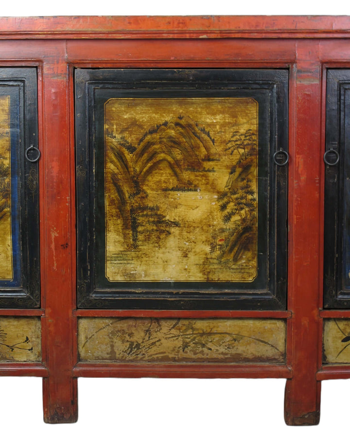 Hand Painted 78" Long Red Gansu Sideboard Cabinet