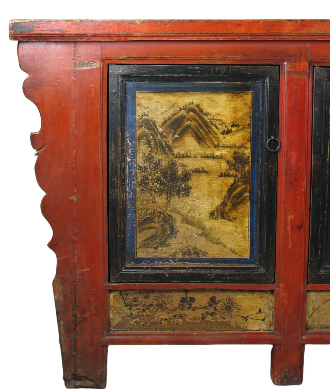 Hand Painted 78" Long Red Gansu Sideboard Cabinet