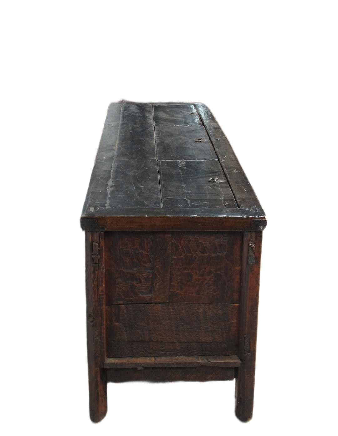 Wooden chest with a dark brown finish on a white background