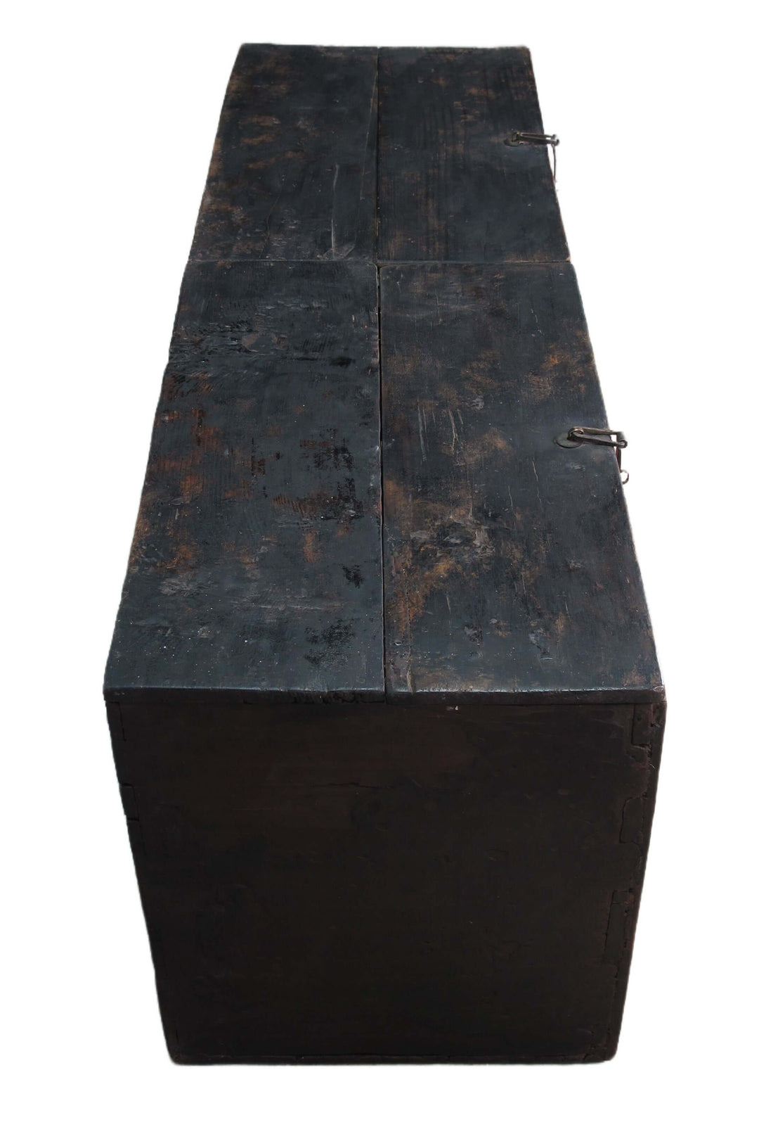 Rustic wooden bench with a dark, worn finish on a white background