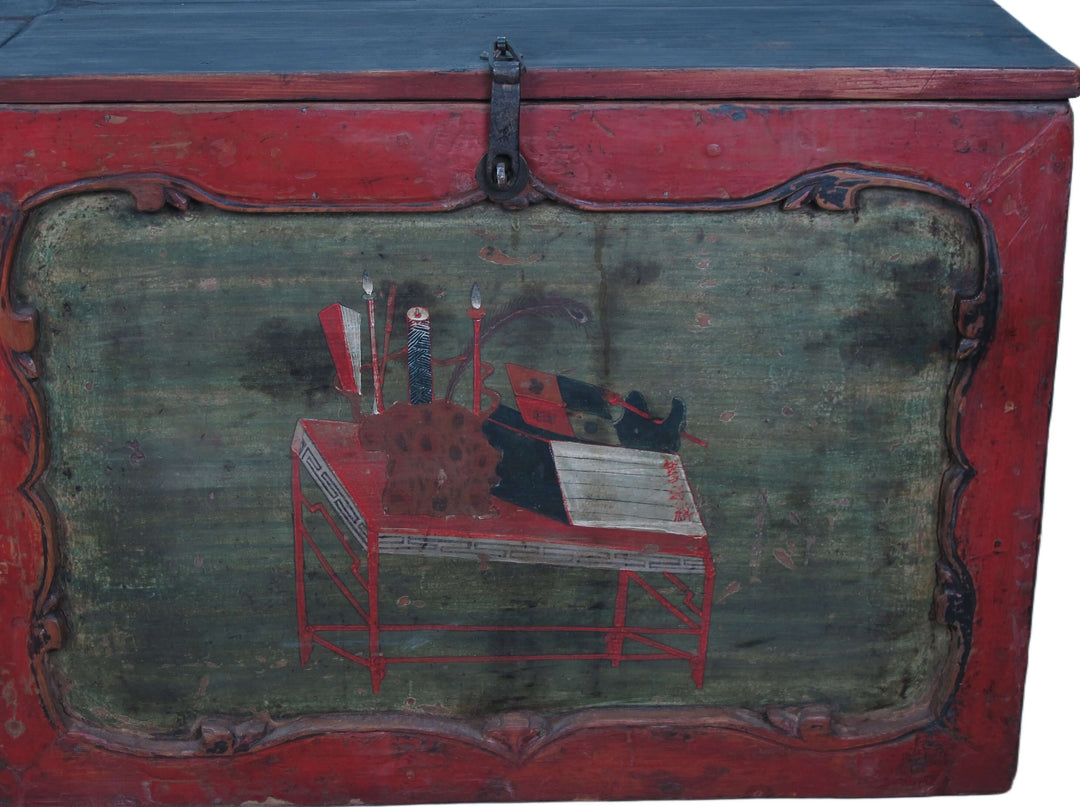 Vintage wooden trunk with painted design of a person at a desk and flags.