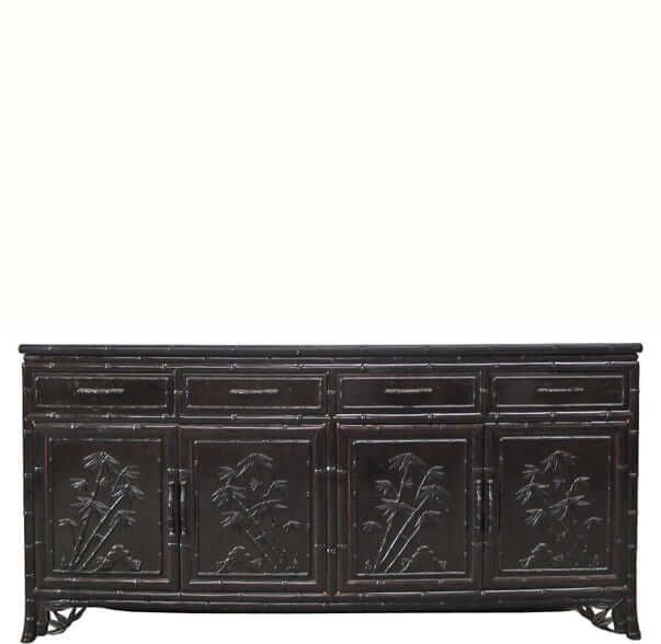 Hand Crafted Dark Brown Sideboard Buffet with Carved Bamboo