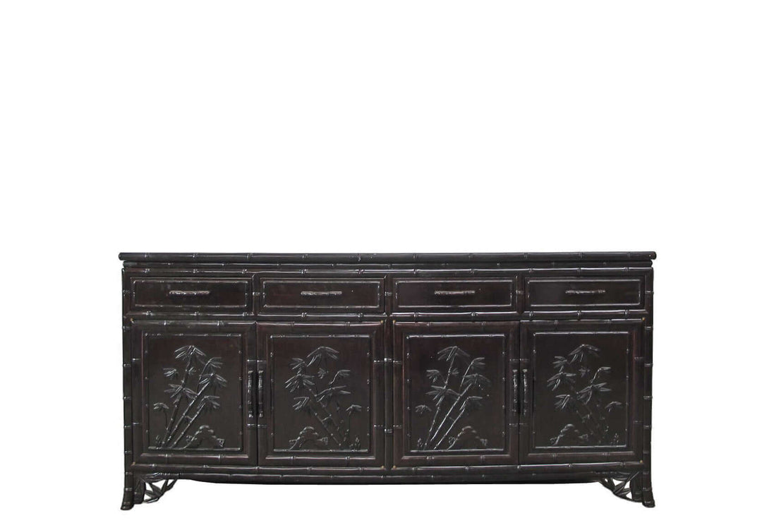 Hand Crafted Dark Brown Sideboard Buffet with Carved Bamboo
