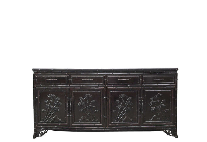 Hand Crafted Dark Brown Sideboard Buffet with Carved Bamboo