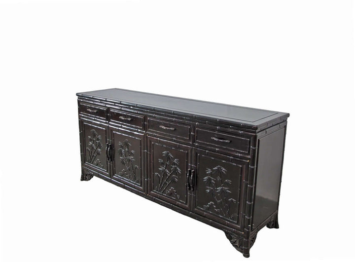 Hand Crafted Dark Brown Sideboard Buffet with Carved Bamboo