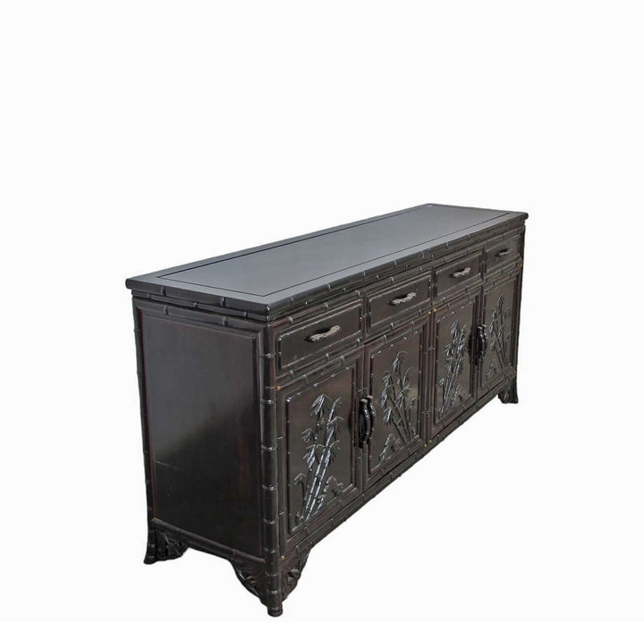 Hand Crafted Dark Brown Sideboard Buffet with Carved Bamboo