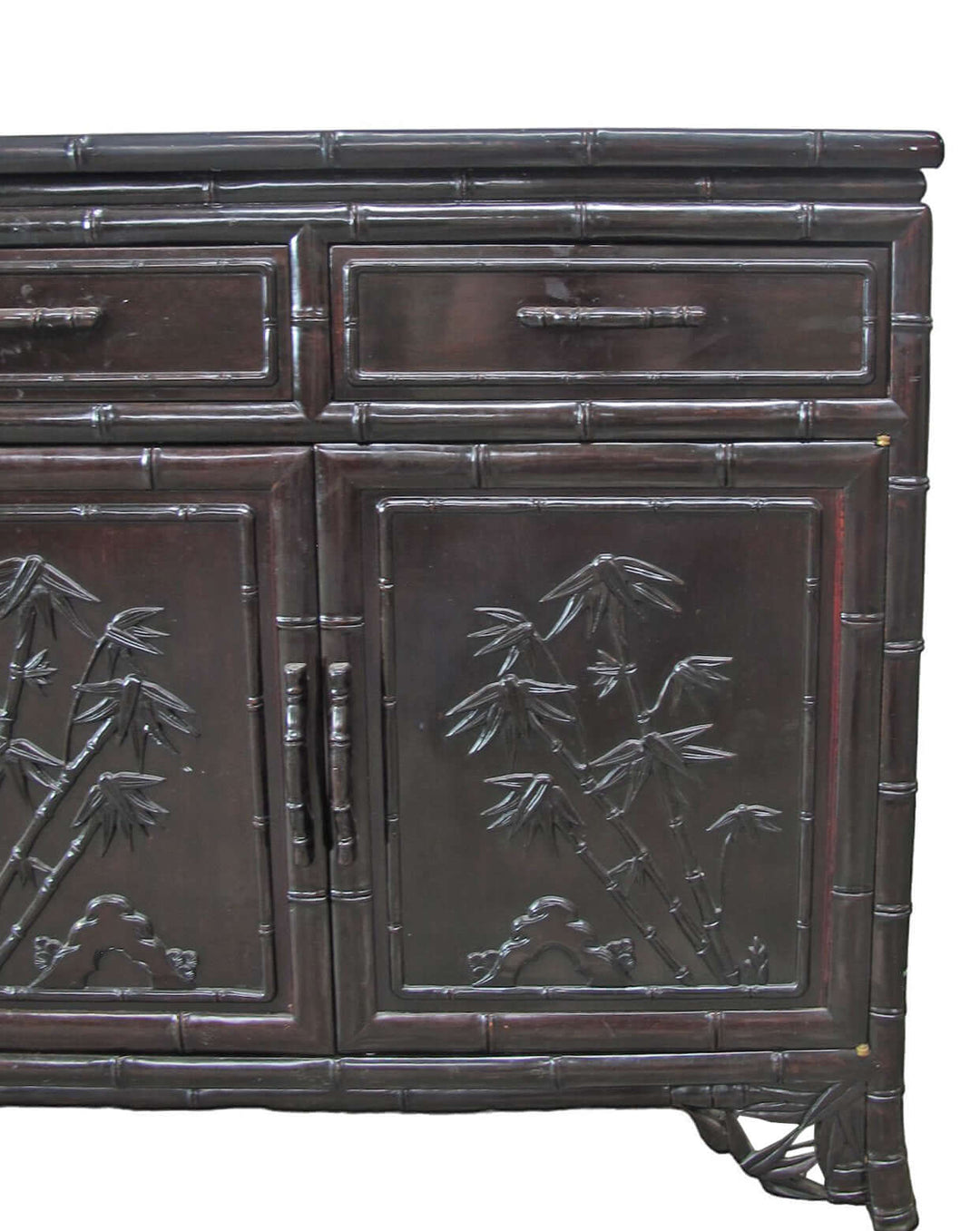 Hand Crafted Dark Brown Sideboard Buffet with Carved Bamboo