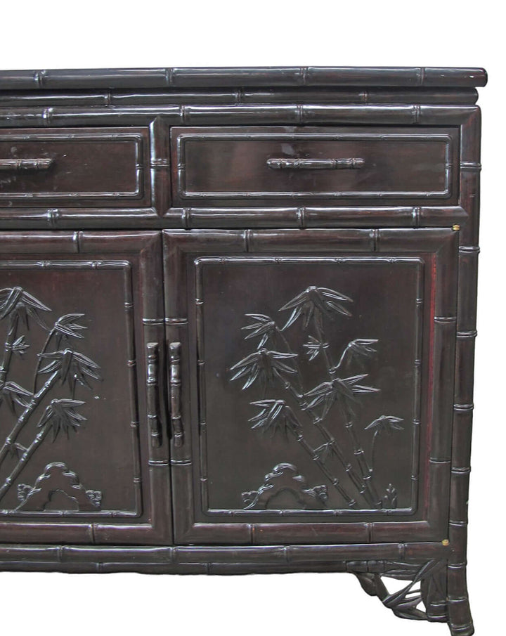 Hand Crafted Dark Brown Sideboard Buffet with Carved Bamboo