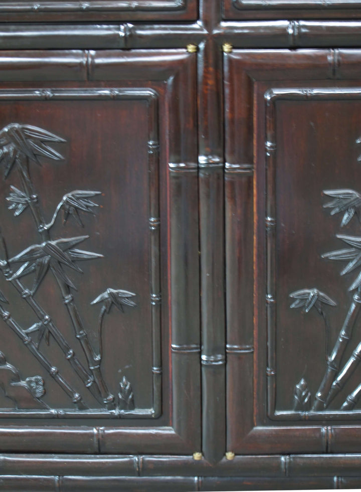 Hand Crafted Dark Brown Sideboard Buffet with Carved Bamboo