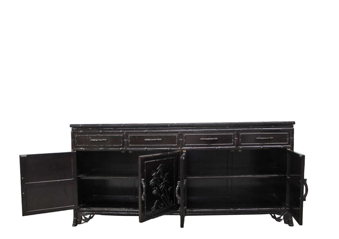 Hand Crafted Dark Brown Sideboard Buffet with Carved Bamboo