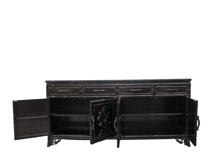 Hand Crafted Dark Brown Sideboard Buffet with Carved Bamboo