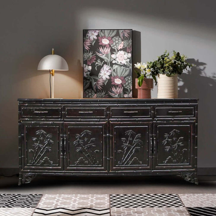 Hand Crafted Dark Brown Sideboard Buffet with Carved Bamboo