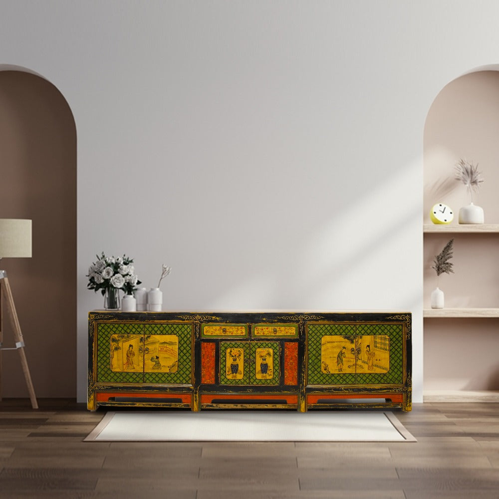 9 Feet Long Hand Painted Antique Asian Sideboard