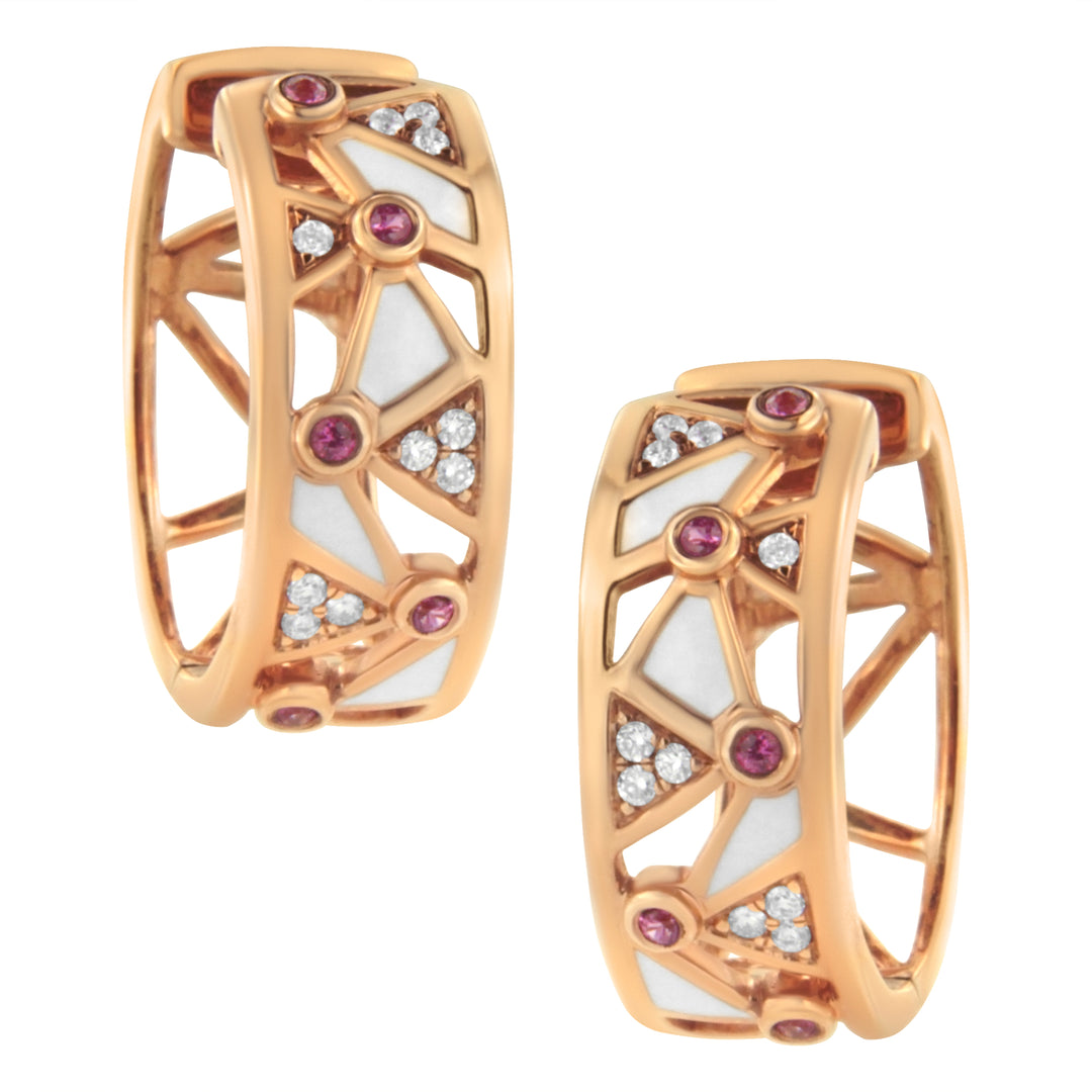14K Rose Gold 1/6 Cttw Diamond and Pink Tourmaline White Enamel Geometric Hoop Earrings