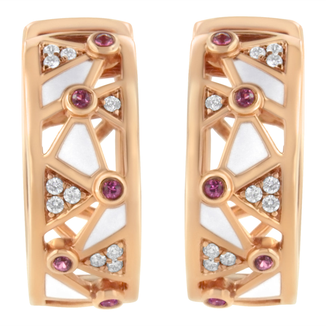 14K Rose Gold 1/6 Cttw Diamond and Pink Tourmaline White Enamel Geometric Hoop Earrings