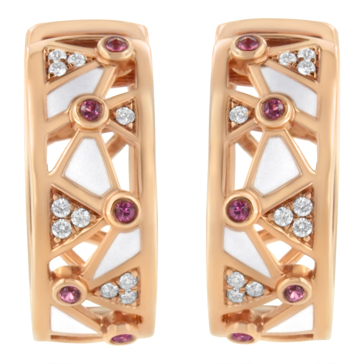 14K Rose Gold 1/6 Cttw Diamond and Pink Tourmaline White Enamel Geometric Hoop Earrings