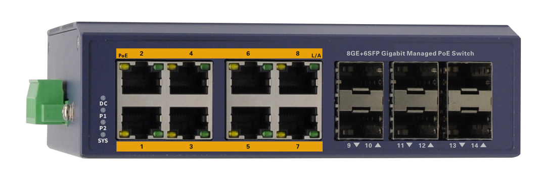 Silarius SIL-INDSW8P1G6SFP 14 Ports Gigabit managed industrial PoE switch - 8 Gigabit RJ45 ports and 6 Gigabit SFP slots