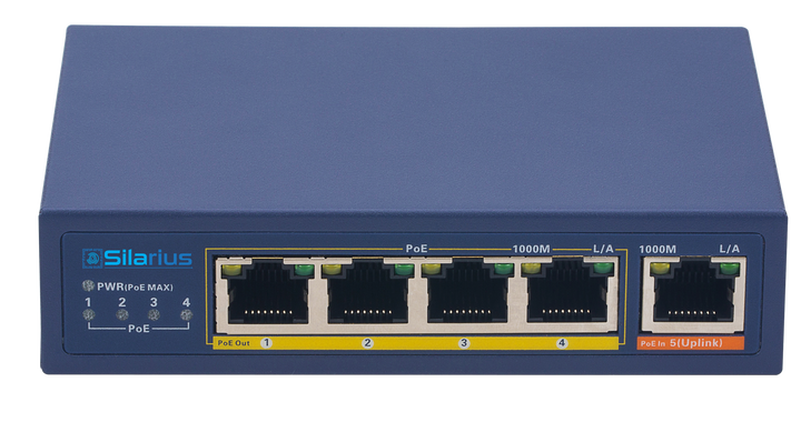Silarius SIL-SWPP4P65 PoE Powered 5-Port Gigabit Switch with PoE Passthrough, 65W Power Budget for Powering up to 4 PoE Network Devices via Cat5e/Cat6 RJ45 Network Cables - 30W per output port
