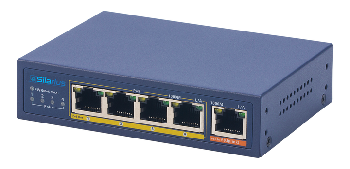 Silarius SIL-SWPP4P65 PoE Powered 5-Port Gigabit Switch with PoE Passthrough, 65W Power Budget for Powering up to 4 PoE Network Devices via Cat5e/Cat6 RJ45 Network Cables - 30W per output port