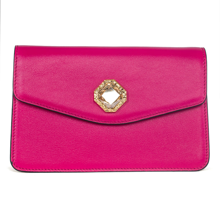Vibrant Fuchsia Leather Clutch With Custom Swarovski Stone