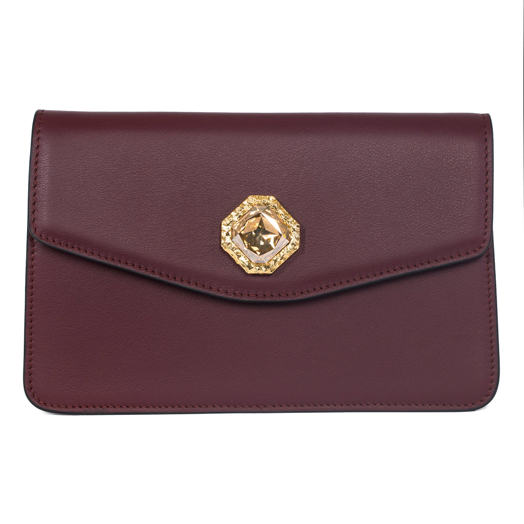 Bordeaux Leather Clutch  With Custom Swarovski Stone