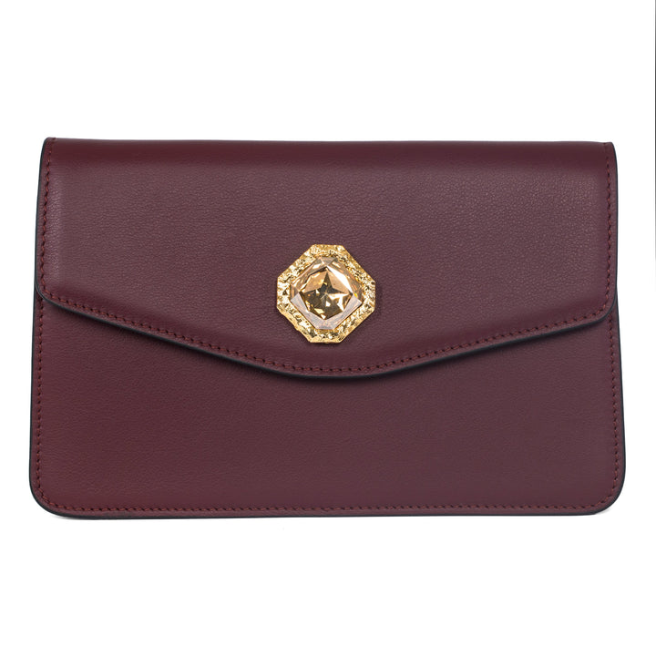 Bordeaux Leather Clutch  With Custom Swarovski Stone