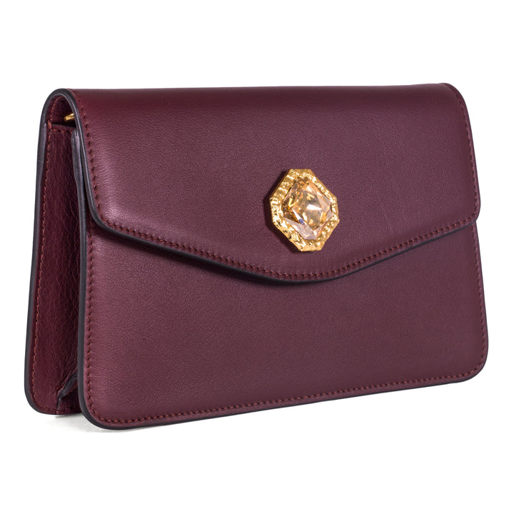 Bordeaux Leather Clutch  With Custom Swarovski Stone