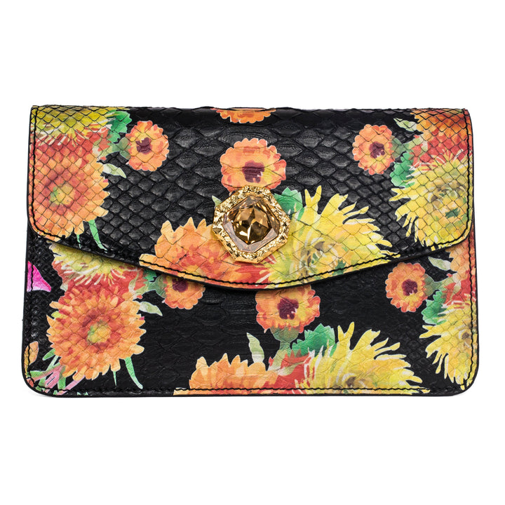 Custom Floral Black Python Clutch  With Custom Swarovski Stone