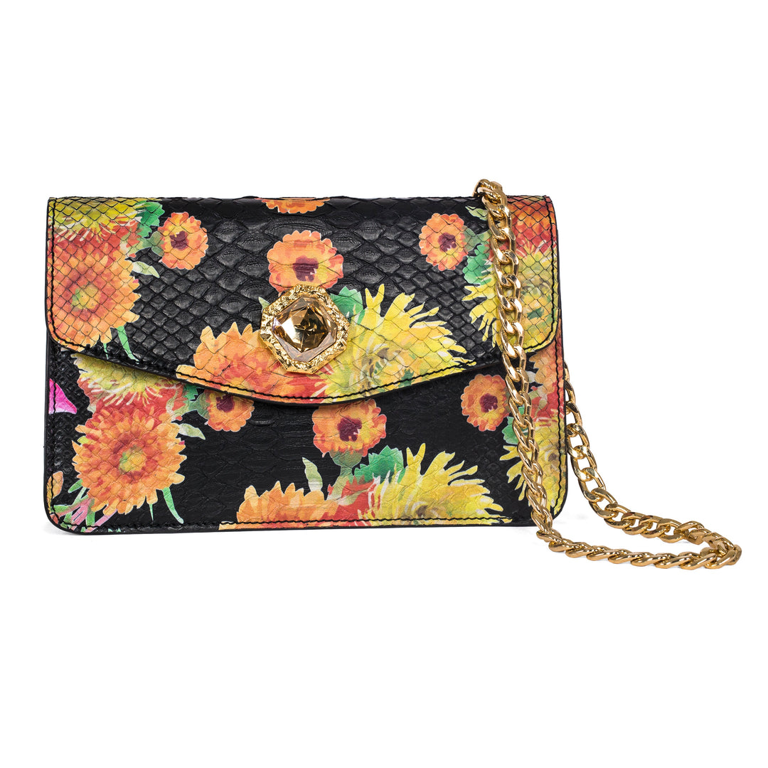 Custom Floral Black Python Clutch  With Custom Swarovski Stone