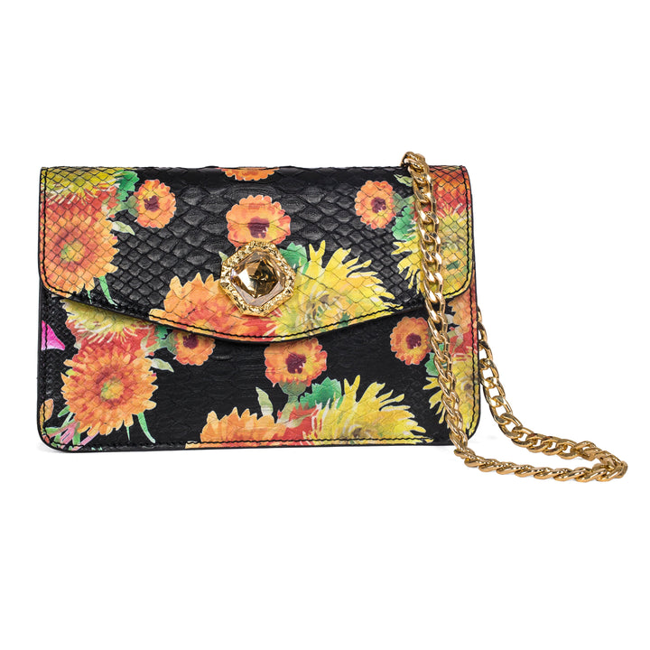 Custom Floral Black Python Clutch  With Custom Swarovski Stone