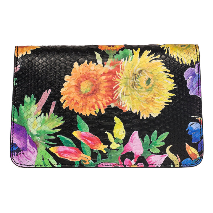 Custom Floral Black Python Clutch  With Custom Swarovski Stone