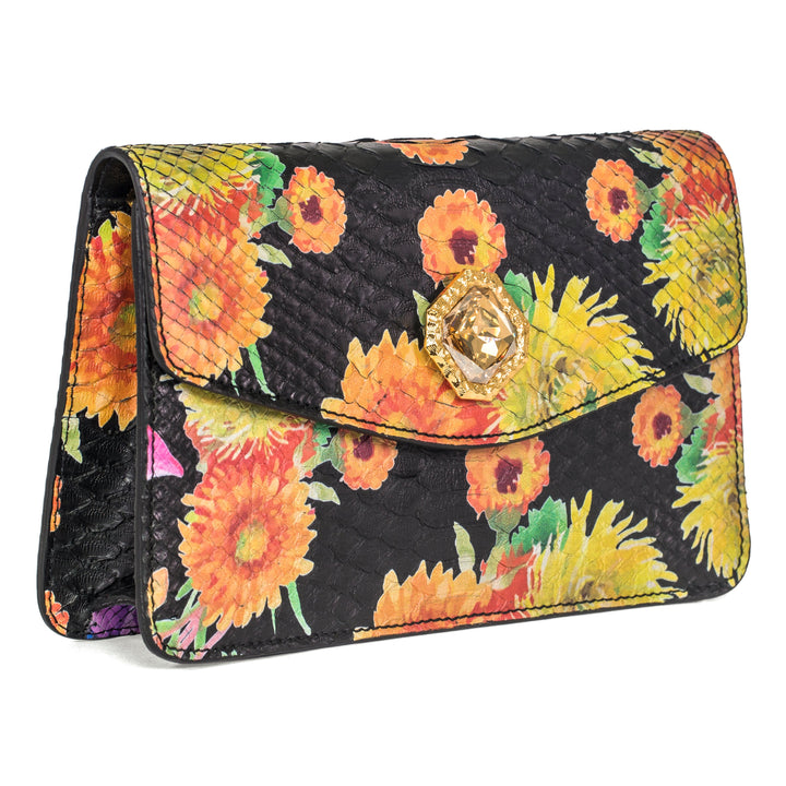 Custom Floral Black Python Clutch  With Custom Swarovski Stone