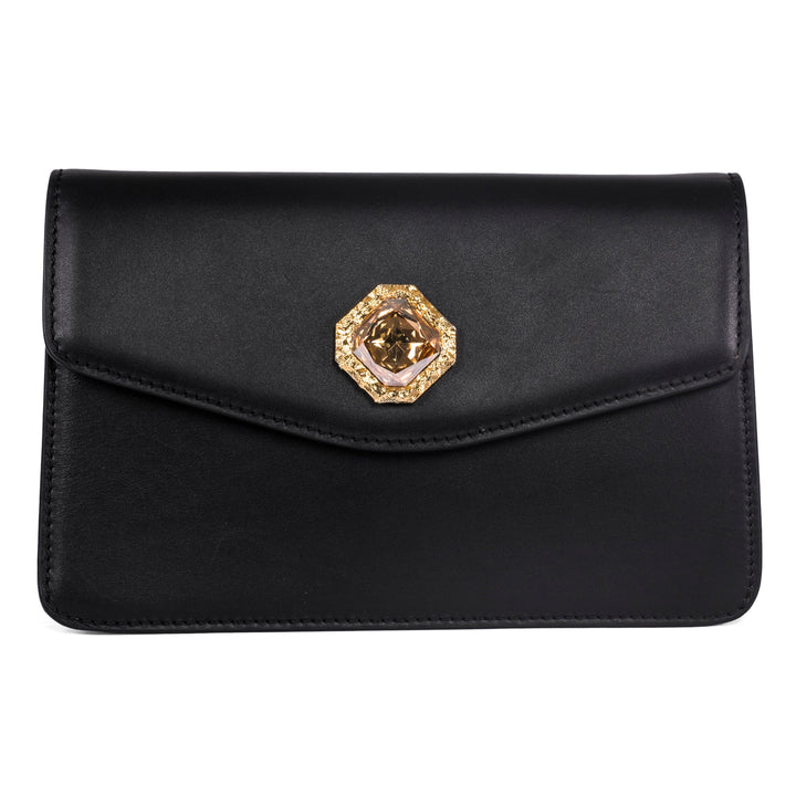 Black Leather Clutch With Custom Swarovski Stone