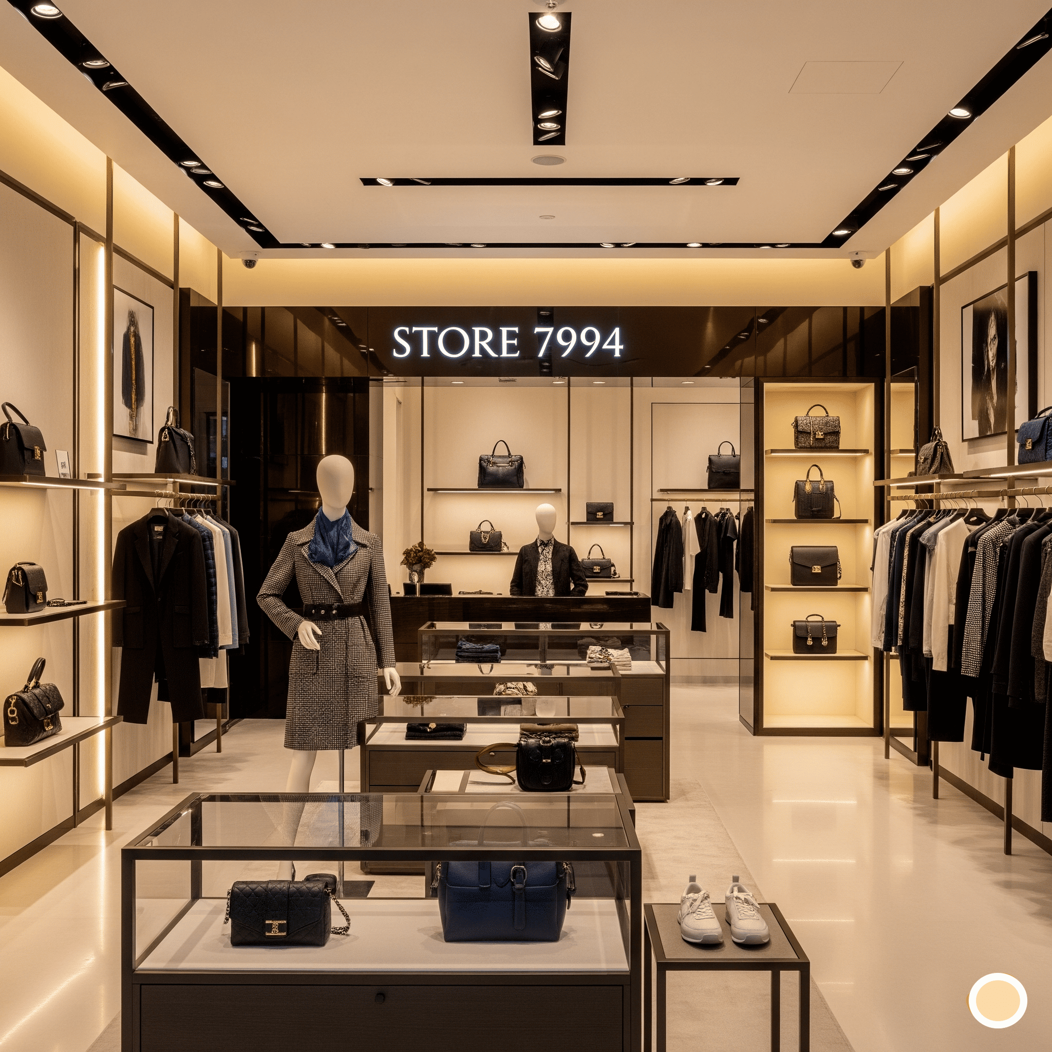 Luxury store interior with mannequins, clothing, and handbags.