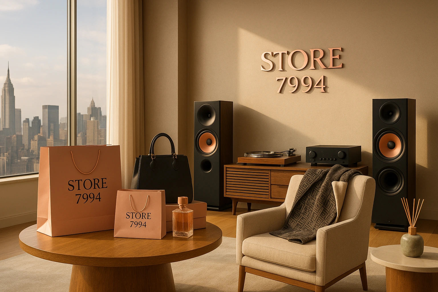 Modern interior with furniture, decor items, and 'STORE 7994' branding.