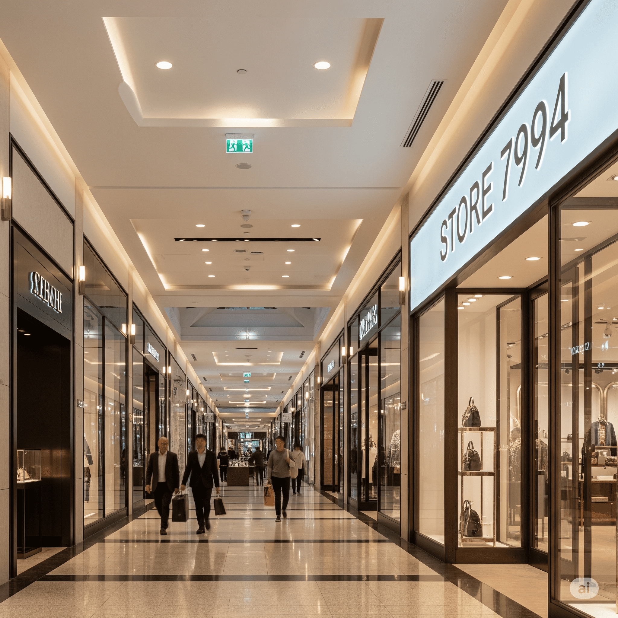 Long shopping mall corridor with stores on either side, people walking.