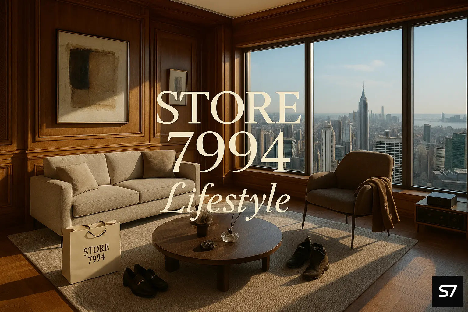 Living room with a cityscape view, featuring a sofa, armchair, and coffee table.
