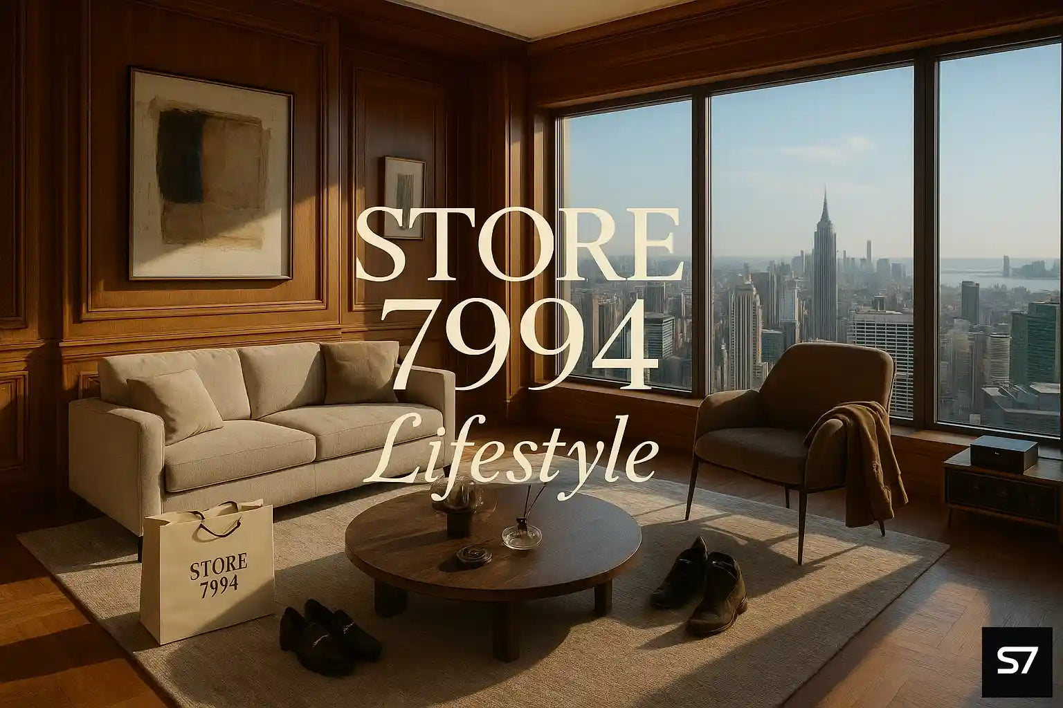 Modern living room with a cityscape view, featuring furniture and decor.