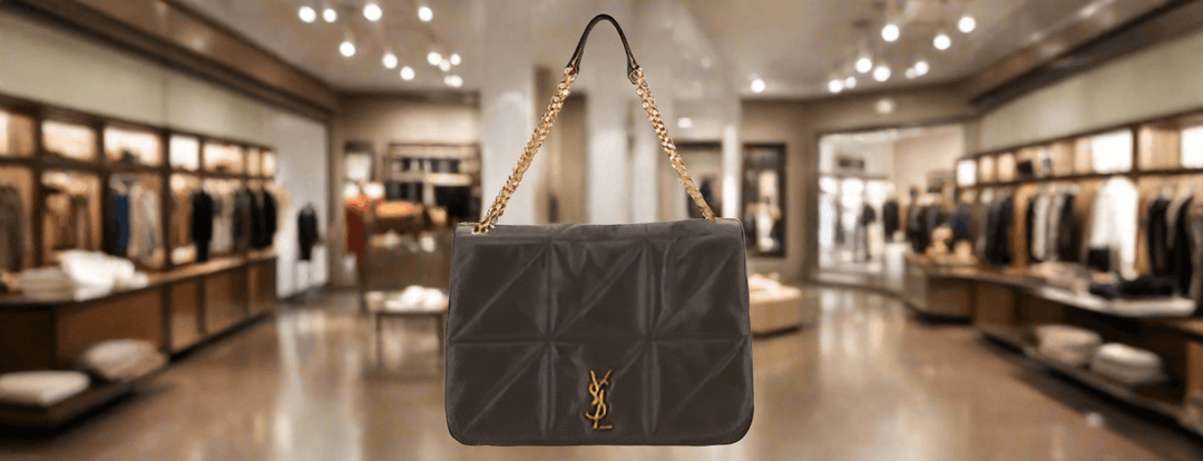 A brown leather Saint Laurent shoulder bag with a gold chain strap displayed in a store.