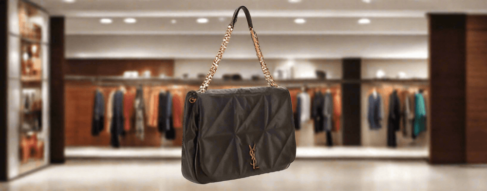 A brown leather Saint Laurent shoulder bag with a gold chain strap displayed in a store.