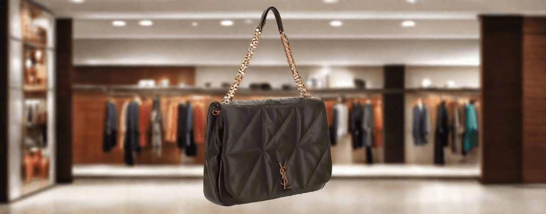 A brown leather Saint Laurent shoulder bag with a gold chain strap displayed in a store.