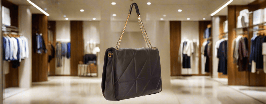 A brown leather Saint Laurent shoulder bag with a gold chain strap displayed in a store.