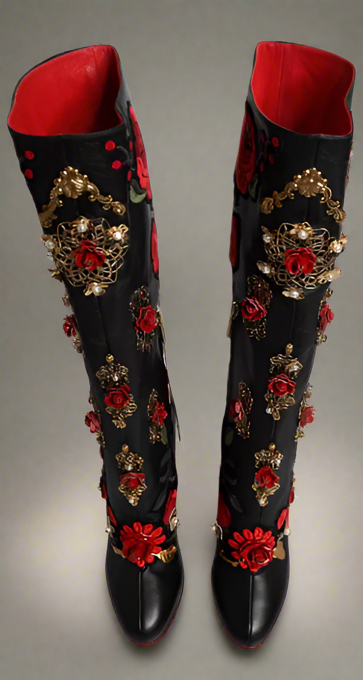 Dolce & Gabbana BLACK ROSES EMBELLISHED LEATHER HEEL BOOTS SHOES