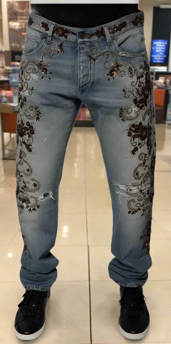 Dolce & Gabbana men's LIGHT BLUE EMBROIDERED SKINNY DENIM JEANS