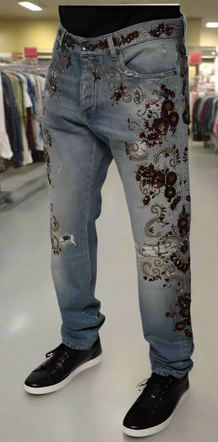 Dolce & Gabbana men's LIGHT BLUE EMBROIDERED SKINNY DENIM JEANS