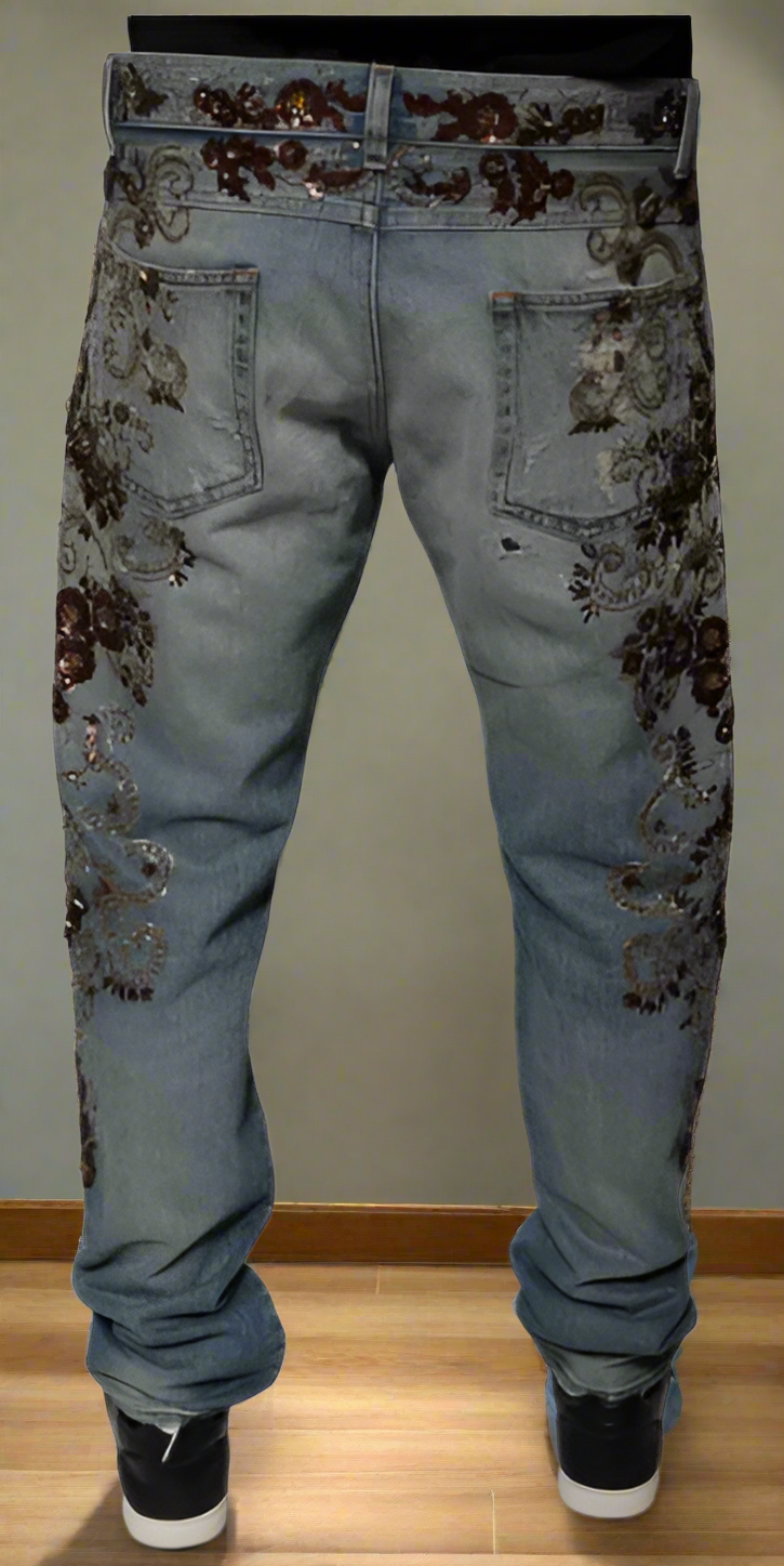 Dolce & Gabbana men's LIGHT BLUE EMBROIDERED SKINNY DENIM JEANS