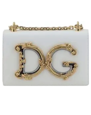A white leather shoulder bag with a gold chain shoulder strap and a gold DG metal plaque on the front.