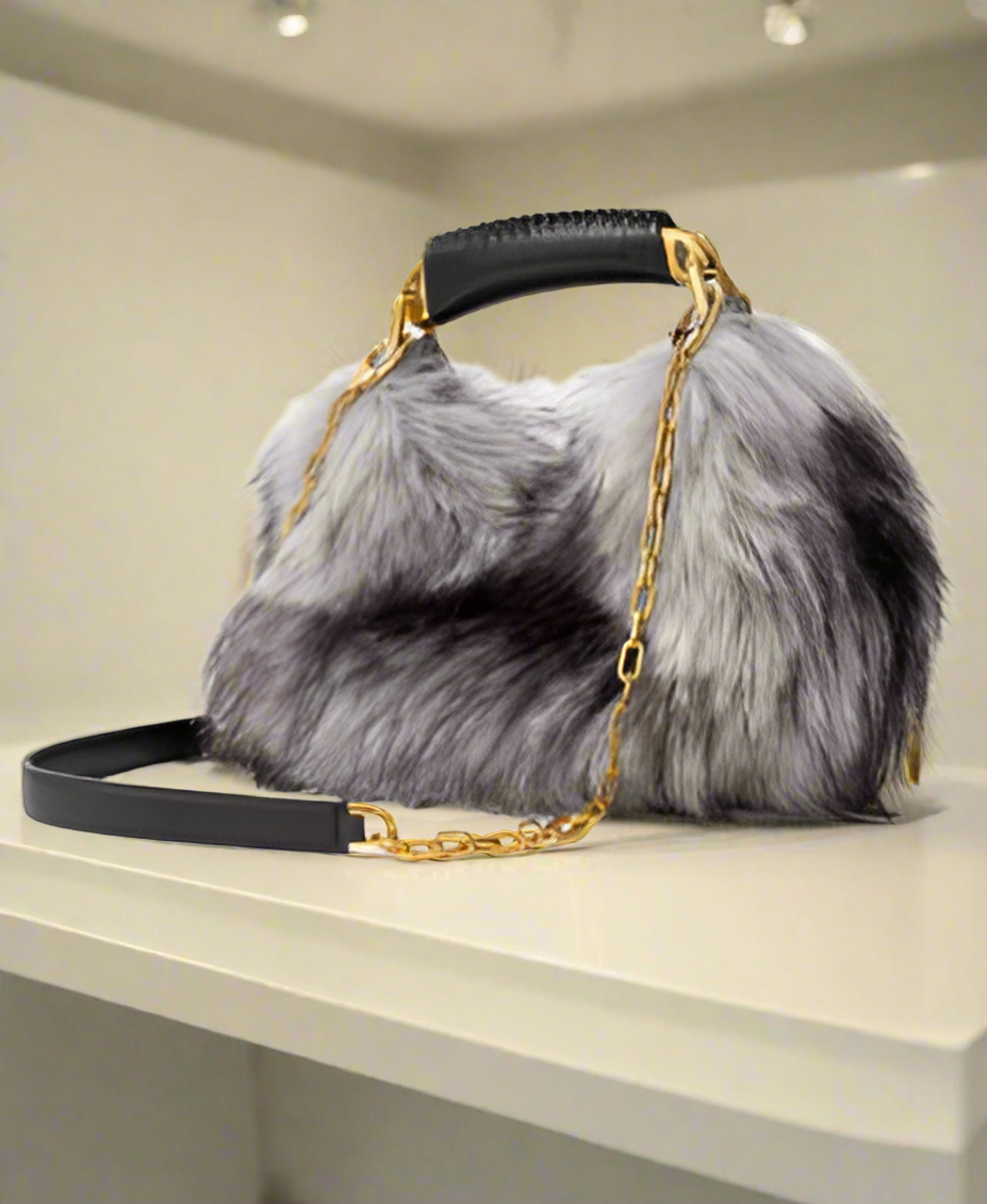 Tom Ford GRAY synthetic fur  LEATHER wrapped handle HANDBAG