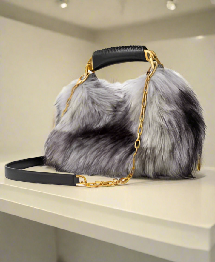Tom Ford GRAY synthetic fur  LEATHER wrapped handle HANDBAG