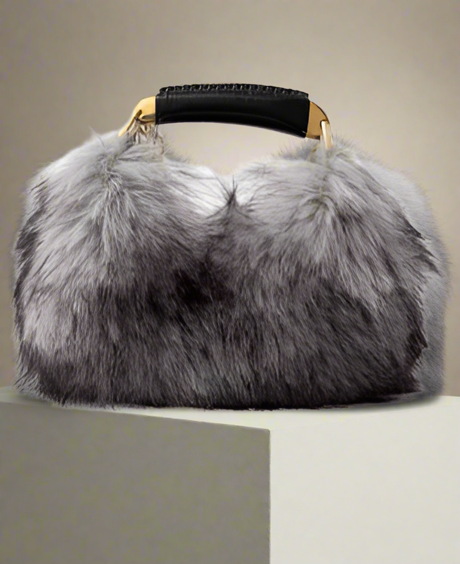 Tom Ford GRAY synthetic fur  LEATHER wrapped handle HANDBAG